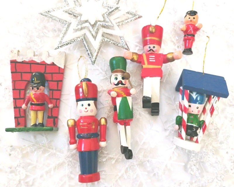 Six Vintage Wood Soldier Christmas Ornaments