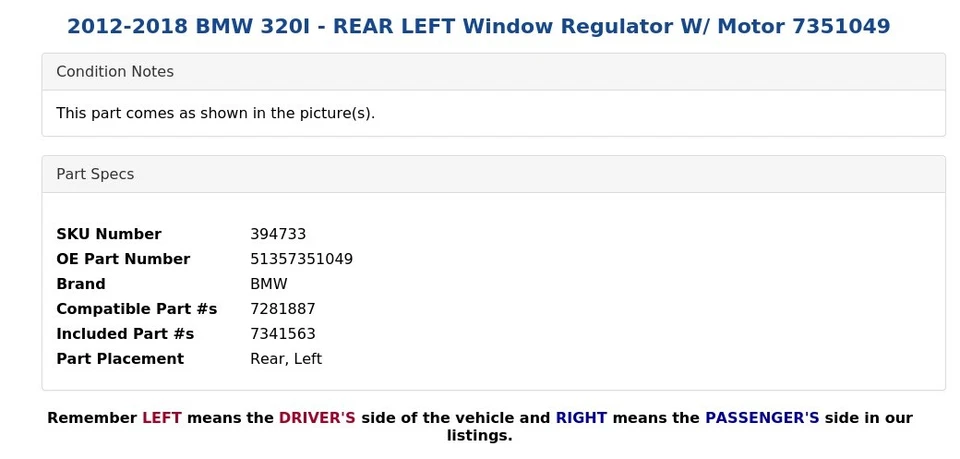 BMW 320I 2012-2018 - Regulador de ventana trasero izquierdo con motor 7351049 Foto 3 de 4