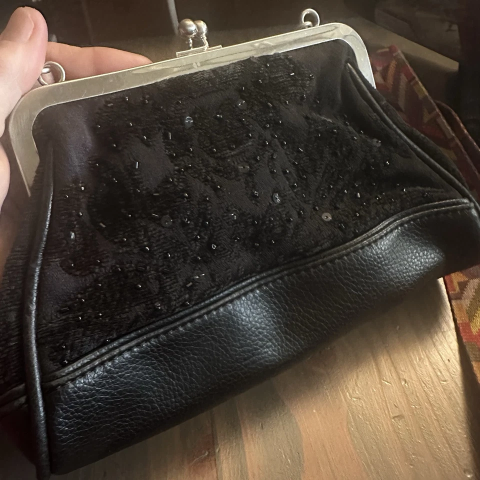 Vtg Evening Beaded Satchel Handbag Women S Black Kiss Lock Retro Lined Purse Bag - Image 2 of 4