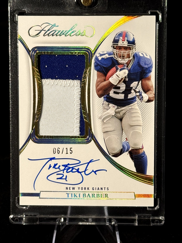 2022 Flawless Tiki Barber Patch Auto /15 06/15 PLAYER WORN Giants On Card