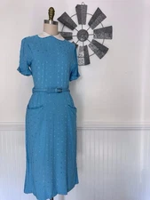 Late 1950’s Cotton Blend Teal Wiggle Dress With Peter Pan Collar