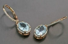 14K Yellow Gold Plated In 3Ct Oval Cut Simulated Aquamarine Drop/Dangle Earrings