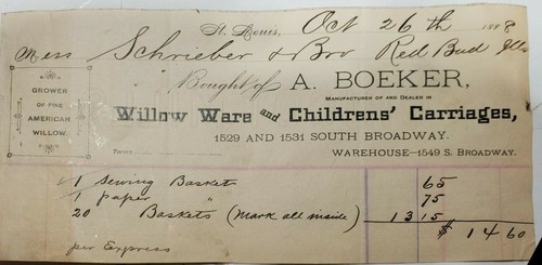 Antique Vintage Ephemera Letterhead Billhead A BOEKER WILLOW WARES CARRIAGE 1888