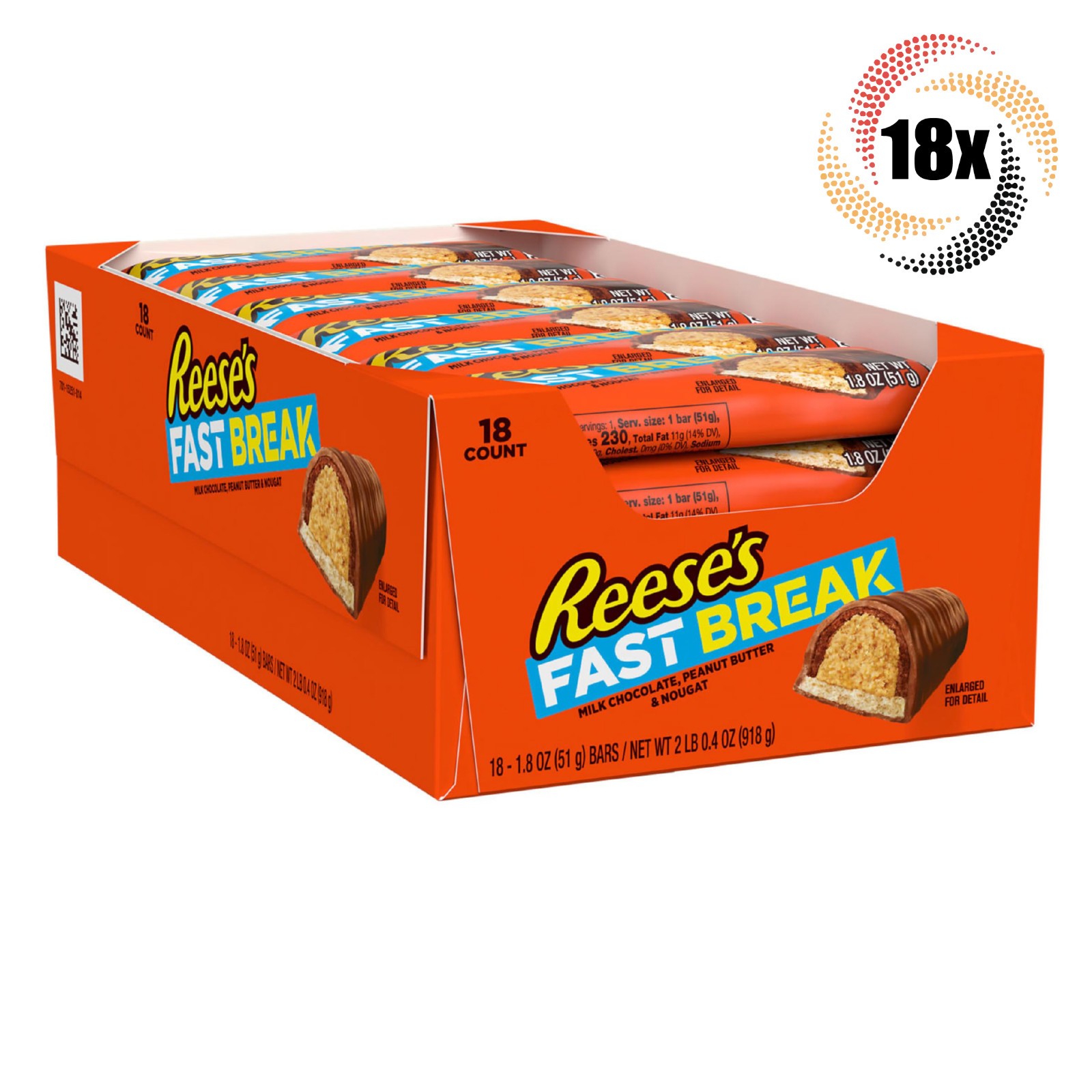 Полная коробка из 18 упаковок нуги Reeses Fast Break с шоколадом и арахисовым маслом | 1,8 унции