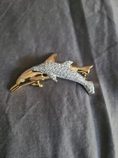 SCS Swarovski Double Dolphin Two Tone Pave Crystal Pin 