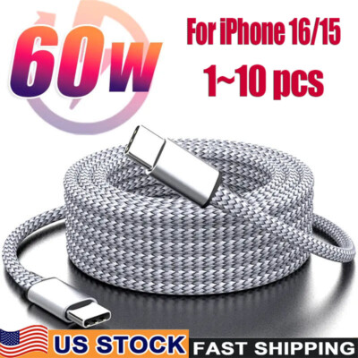 60W USB C to C Cable Fast Charge PD Nylon Cord 3/6/10FT for iPhone16 Samsung lot