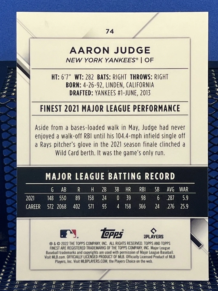 2022 Topps Finest AARON JUDGE New York Yankees Base 74 - Image 2 of 2