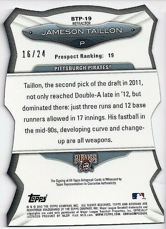 Bowman Chrome Jameson Taillon Scouts Top 100 X-Fractor 2013 troquelado automático #16/24 Foto 2 de 2