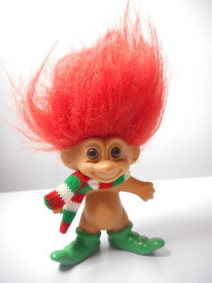Russ Christmas Elf Brown Eyes Red Hair Green Shoes Knit Scarf Troll Doll 5 1/2''