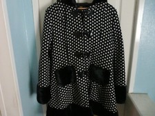 Fabulous Black / White Polka Dot Fur Trim Swing Coat By Hell Bunny In Size 16 Xl