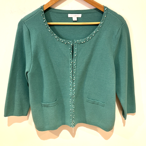 Roz and Ali Woman’s Teal Beaded Cardigan Sweater Cotton Blend Fancy Classic Sz L - Picture 19 of 19