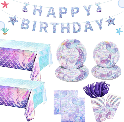 Mermaid Party Decorations, Mermaid Theme Party Supplies for 24 Guests, Disposabl