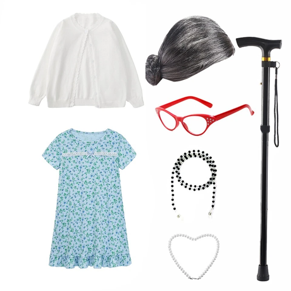 6 pcs Kids Old Lady Costume 100 Day of School Costume for Girls Dress Up Grandma - Image 3 of 4