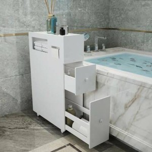 Bathroom Slim Floor Cabinet Narrow Wooden Storage Cupboard Toilet