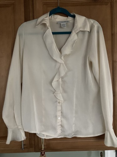 S White Ivory Satiny Ruffle Blouse Flounce Button-up Long Sleeve Shirt Top - 第 1/12 張圖片