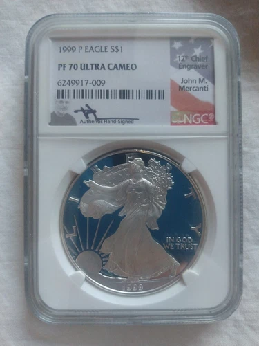 1999 P PROOF SILVER EAGLE NGC PR70 ULTRA CAM JOHN MERCANTI SIGNED 