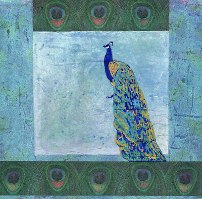 ORIGINAL ART COLLAGED PAINTING Pretty Peacock 12x12 USA BY SUE FURROW