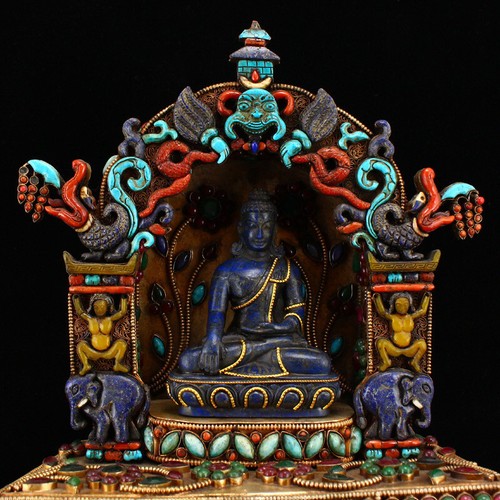 Tibetan Buddhism Lapis Lazuli Sakyamuni Buddha Statue With Silver Wire Inlay Gem - Picture 6 of 16