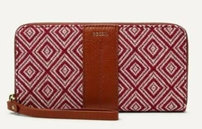 New Fossil Jori Zip Clutch wristlet RFID wallet Leather and Fabric Red / Ecru