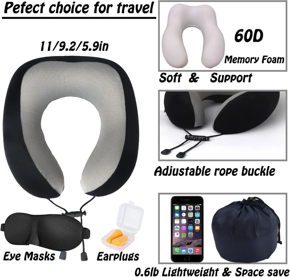 Ultra-Soft 100% Memory Foam Travel Neck Pillow for Sleeping