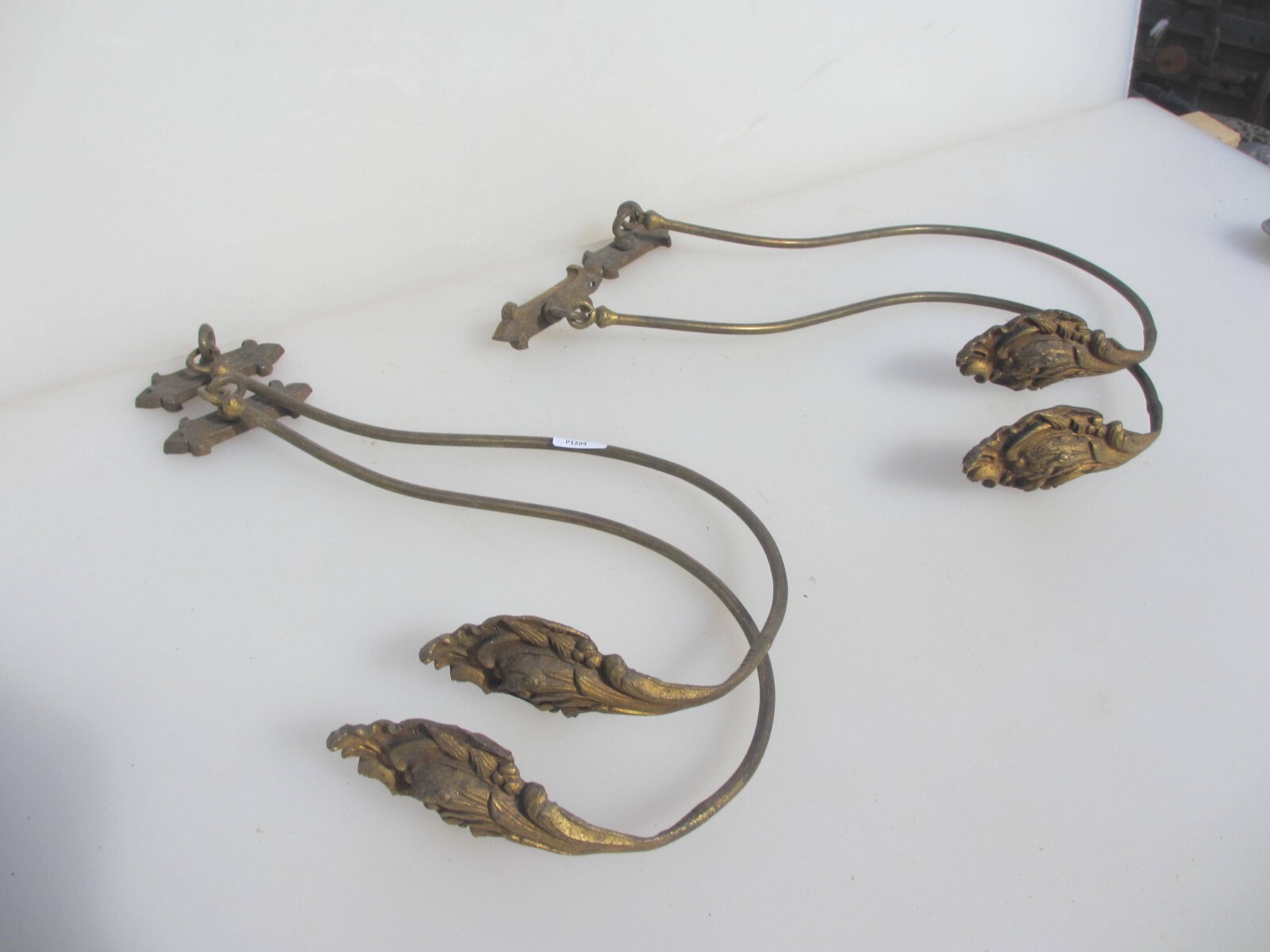 Antique Brass Curtain Tie Backs Hooks French Old Victorian Rococo Leaf