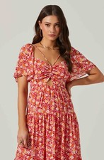 ASTR Floral Cinched Bust Cutout Center Midi Dress Red Multi Floral M Criss-Cross