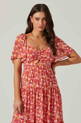 astr tiered floral cutout midi dress ASTR the Label | Floral Cinched Bust Cutout Center Midi Dress