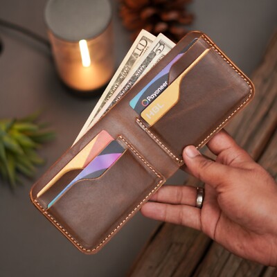 Genuine Handmade Full Grain Pure Leather Bifold Wallet for Men, Slim and Natural