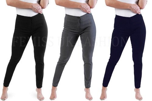 Girls Ladies School Office Day Work Skinny Fit Stretch Trousers Black Blue Grey - Picture 2 of 11
