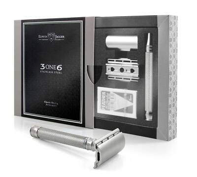 Edwin Jagger 3ONE6 DE Stainless Steel Safety Razor, Knurled, 1x Pack of Feather