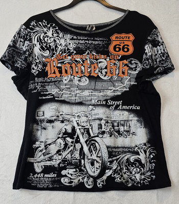 VTG Big Bang Clothing Route 66 Motorcycle Shirt Bling Get Your Kicks On 66 Sz L