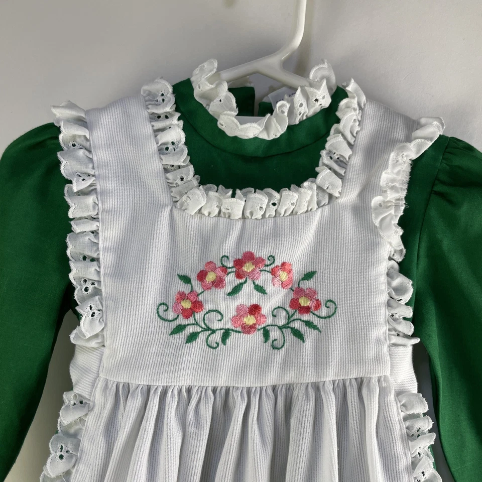 VTG Baylis Brothers Prairie Maxi Dress Girls 3T Eyelet Pinafore Green & White - Image 2 of 4