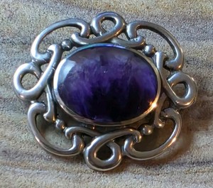 925 CWS: Vintage; European Stamps, Amethyst Open Scrollwork, Sterling Brooch/Pin