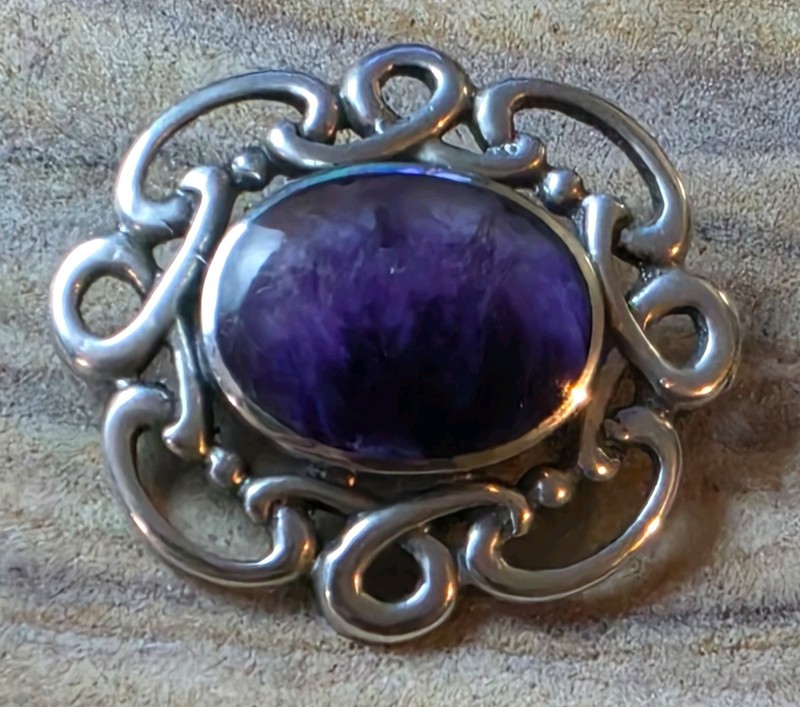 925 CWS: Vintage; European Stamps, Amethyst Open Scrollwork, Sterling Brooch/Pin