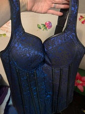 Women s XL Blue/Black Floral Overbust Boned Bustier Corset Lace-Up