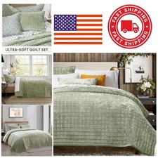 Luxury Velvet Quilt Set King Size Sage Green Oversized Bedspread for All Season