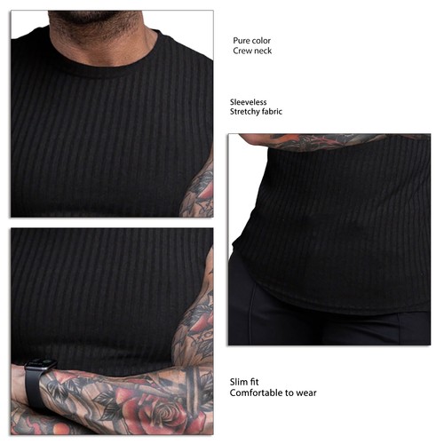 Men Tank Top Slim Fit Breathable Sleeveless Crew Neck Pure Color Stretchy - Picture 3 of 4