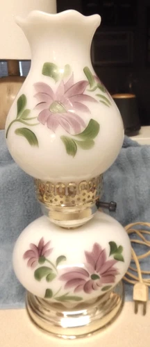 Vintage Hurricane White Milk Glass Lamp Hand Painted Flower On Base & Chimney