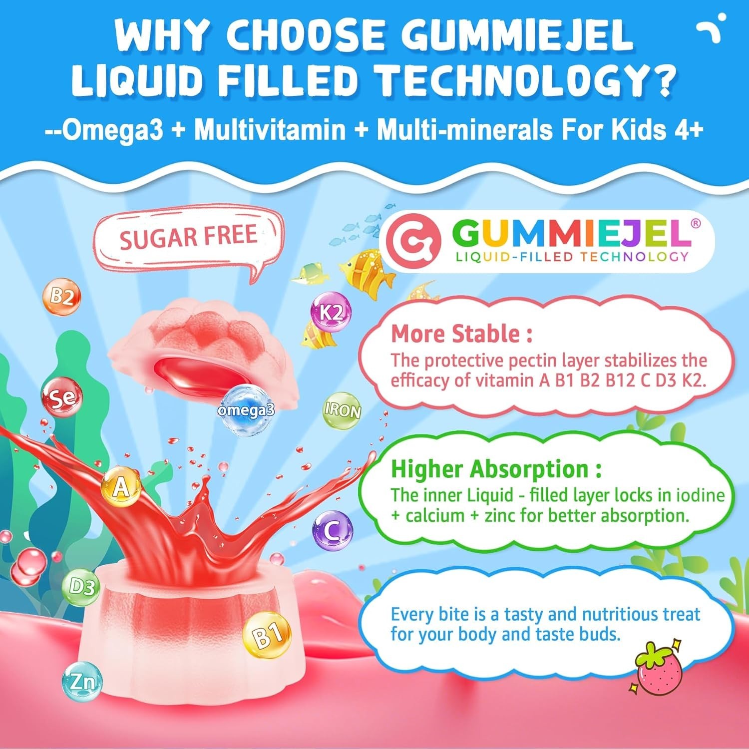 Omega 3 (EPA/DHA) Filled Gummies for Kids with Multivitamin, Calcium + D3 + K...