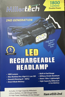 MILLERtech LED Rechargeable Headlamp 1800 Lumens 555-2nd Fishing Hunting Wedding
