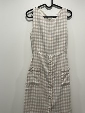 Mango Gingham Print Criss-Cross Midi Sleeveless Cream Dress 100% linen
