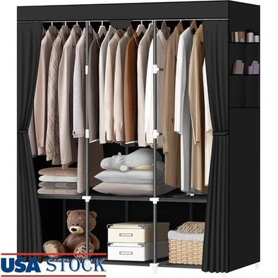 Sturdy Portable Wardrobe Closet W/ Hanging Rods Storage Shelves & Side Pockets