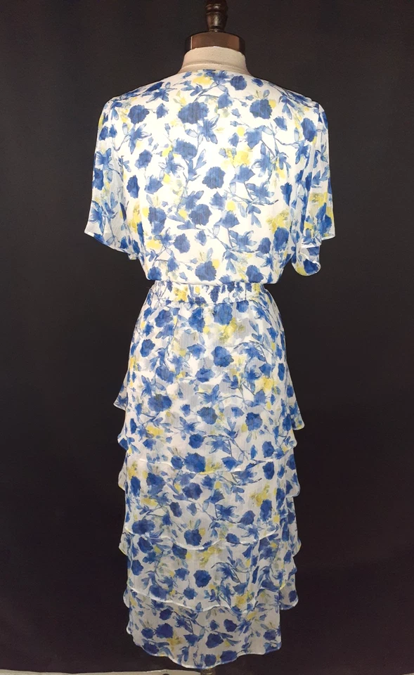 VINCE CAMUTO Size XL A-Line Dress White Blue Yellow Floral Tiered Ruffles Midi - Image 4 of 4