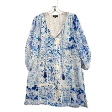 Tolani Tunic Dress Womens Large Blue White Patchwork Boho Tassel Velvet V-Neck