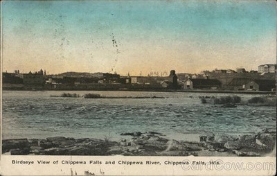 Chippewa Falls, Wisconsin WI Birdseye View of Falls River Original Vintage