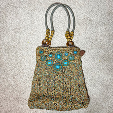 Borsa a tracolla Chicos donna marrone medio tessuto rafia turchese perline boho