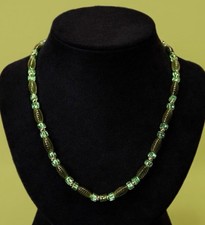 Vtg Green Swirl Fused Lucite & Glass Beaded Necklace - 24” - Gold Tone Accents