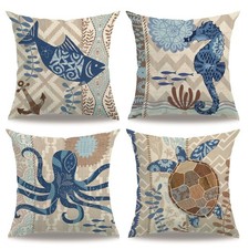 Sea Style Throw Pillow Covers,Coastal Ocean Theme With Sea turtle Seahorse Cu...