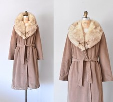 1970s VTG Lorendale Genuine White Fox Fur Collared Mocha Brown Wrap Coat