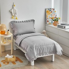 4 Pieces Gray Toddler Bedding Set with Ruffle Fringe, Solid Color Toddler Bed...